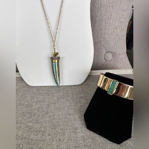 Gold and Green long necklace and matching cuff bracelet. Very good condition.